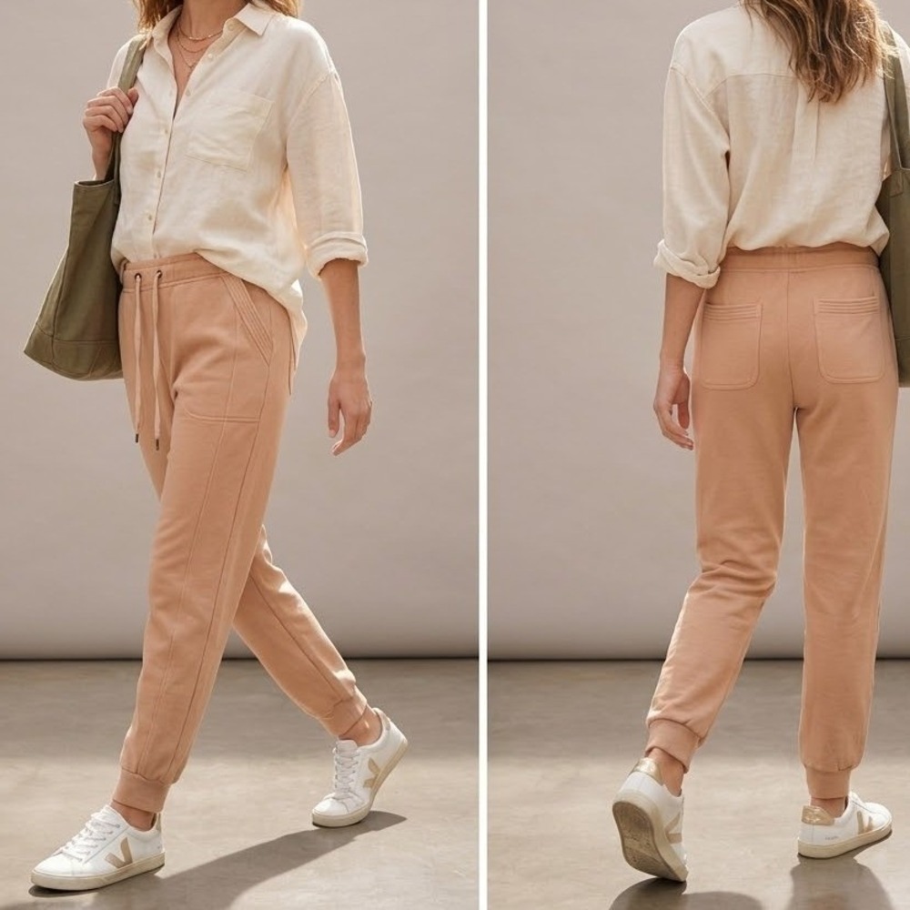 Saturday Sunday by Anthropologie Pintuck Seamed Fleece Joggers Tan Beige Small S